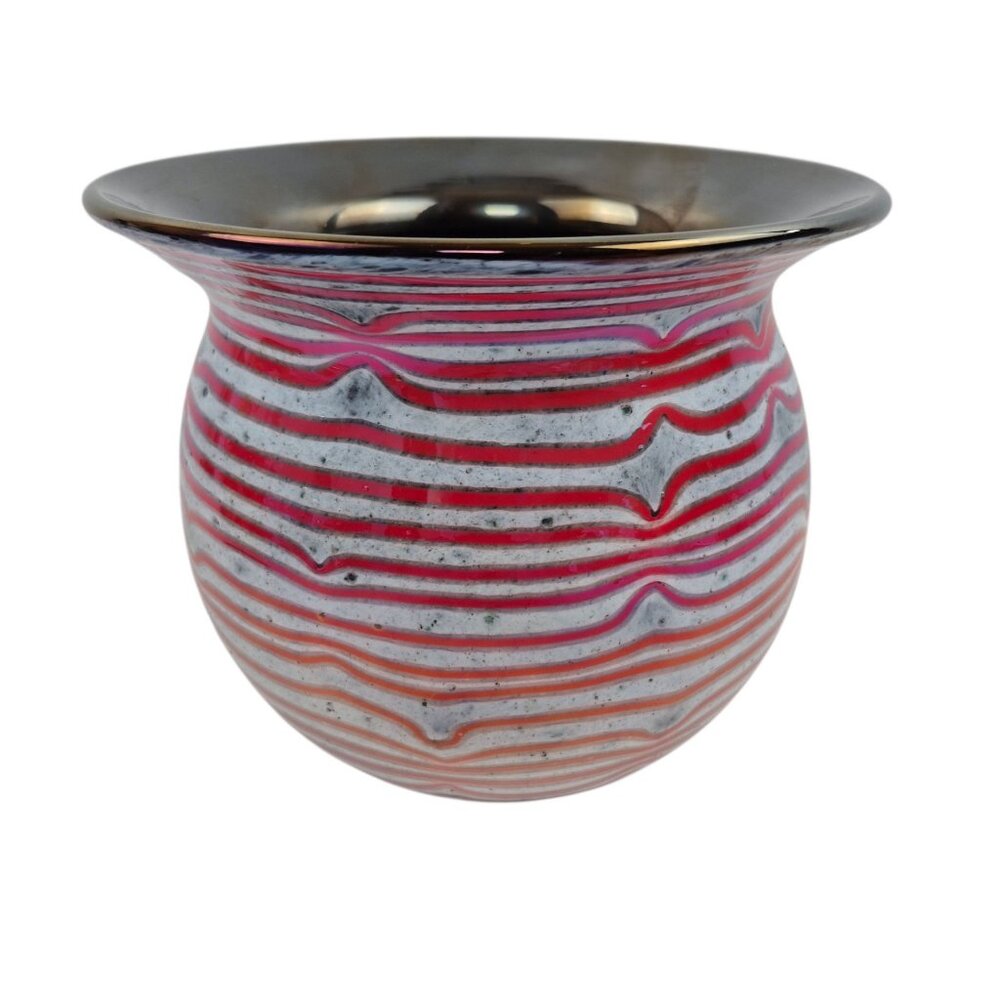 Studio Art Glass Vase Red Ribbon Stripe Black interior Hand Blown Contemporary - Picture 2 of 10